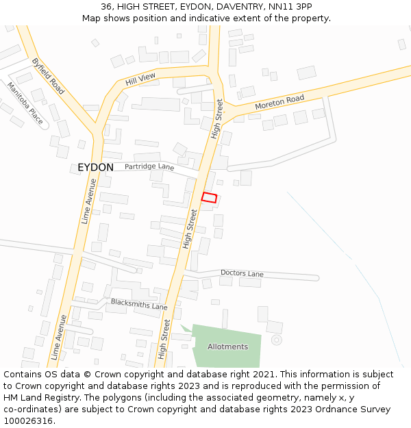 36, HIGH STREET, EYDON, DAVENTRY, NN11 3PP: Location map and indicative extent of plot