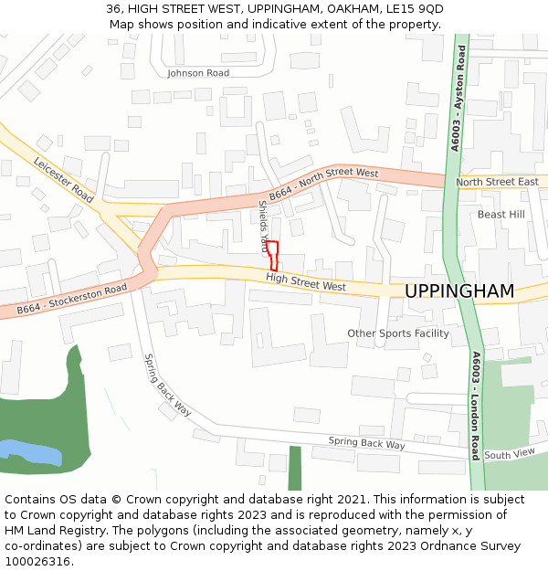 36, HIGH STREET WEST, UPPINGHAM, OAKHAM, LE15 9QD: Location map and indicative extent of plot