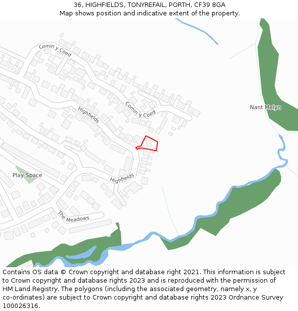 36, HIGHFIELDS, TONYREFAIL, PORTH, CF39 8GA: Location map and indicative extent of plot