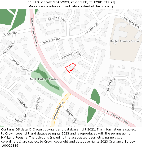 36, HIGHGROVE MEADOWS, PRIORSLEE, TELFORD, TF2 9RJ: Location map and indicative extent of plot