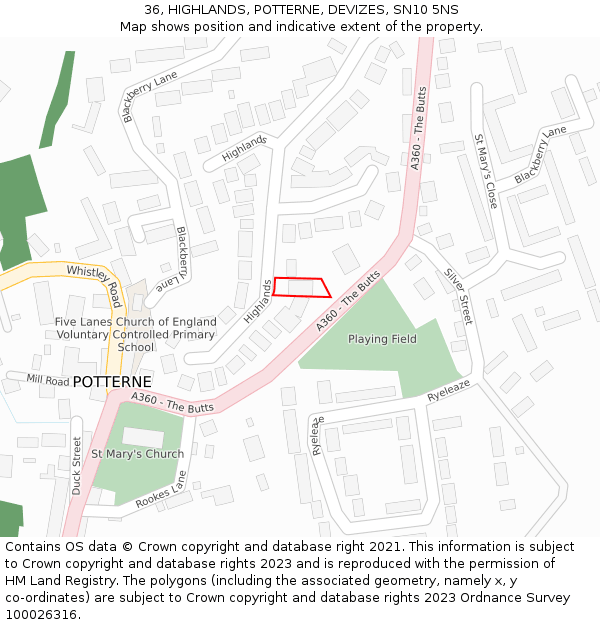 36, HIGHLANDS, POTTERNE, DEVIZES, SN10 5NS: Location map and indicative extent of plot