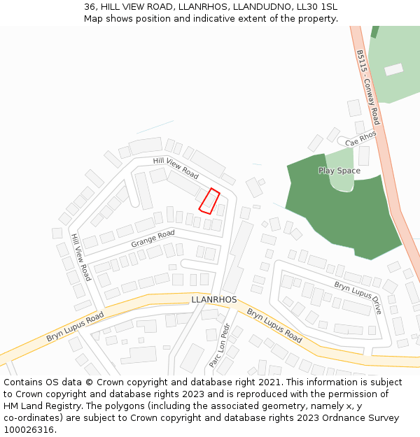 36, HILL VIEW ROAD, LLANRHOS, LLANDUDNO, LL30 1SL: Location map and indicative extent of plot