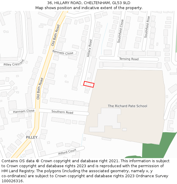36, HILLARY ROAD, CHELTENHAM, GL53 9LD: Location map and indicative extent of plot