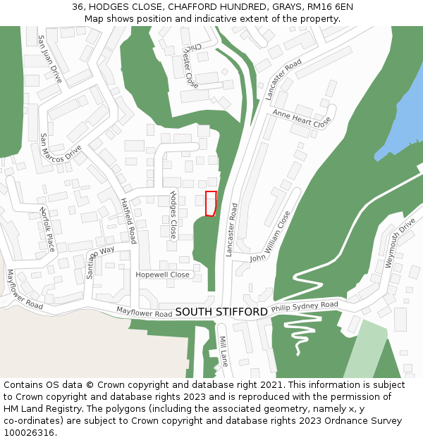 36, HODGES CLOSE, CHAFFORD HUNDRED, GRAYS, RM16 6EN: Location map and indicative extent of plot