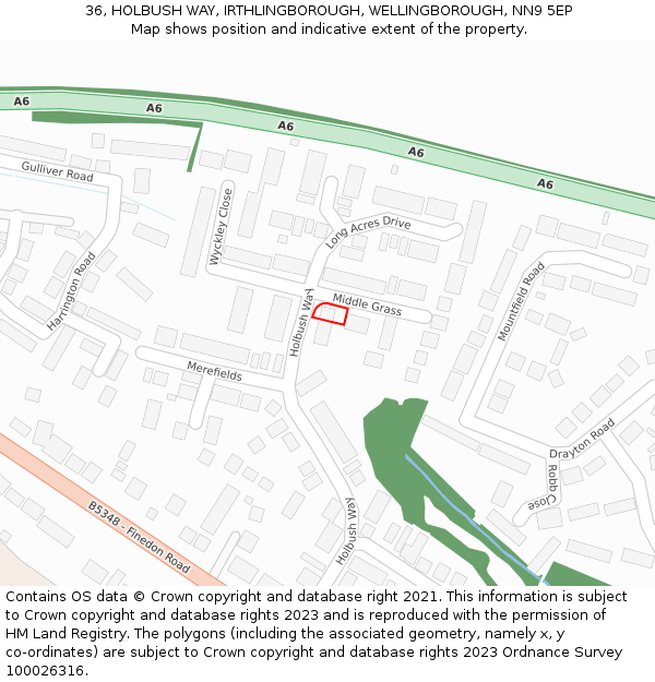 36, HOLBUSH WAY, IRTHLINGBOROUGH, WELLINGBOROUGH, NN9 5EP: Location map and indicative extent of plot
