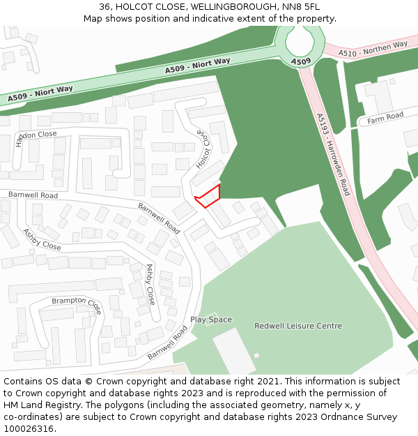 36, HOLCOT CLOSE, WELLINGBOROUGH, NN8 5FL: Location map and indicative extent of plot