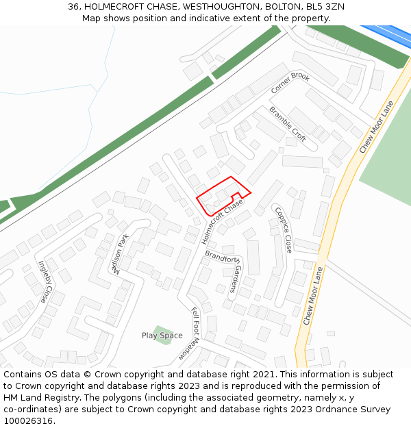 36, HOLMECROFT CHASE, WESTHOUGHTON, BOLTON, BL5 3ZN: Location map and indicative extent of plot