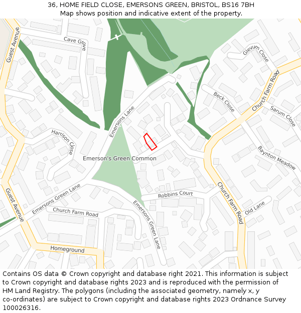 36, HOME FIELD CLOSE, EMERSONS GREEN, BRISTOL, BS16 7BH: Location map and indicative extent of plot