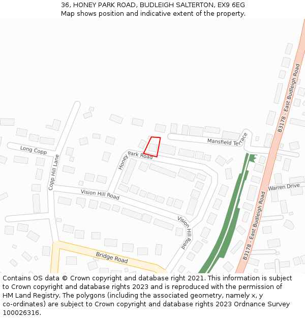 36, HONEY PARK ROAD, BUDLEIGH SALTERTON, EX9 6EG: Location map and indicative extent of plot