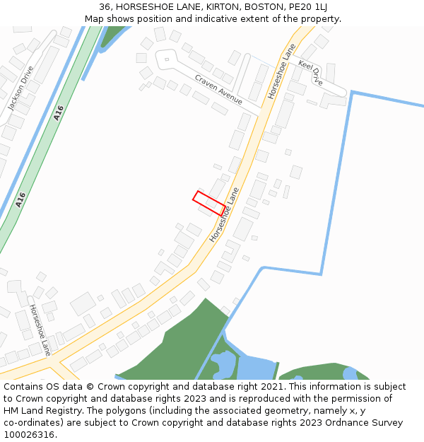 36, HORSESHOE LANE, KIRTON, BOSTON, PE20 1LJ: Location map and indicative extent of plot