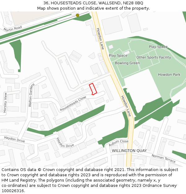 36, HOUSESTEADS CLOSE, WALLSEND, NE28 0BQ: Location map and indicative extent of plot