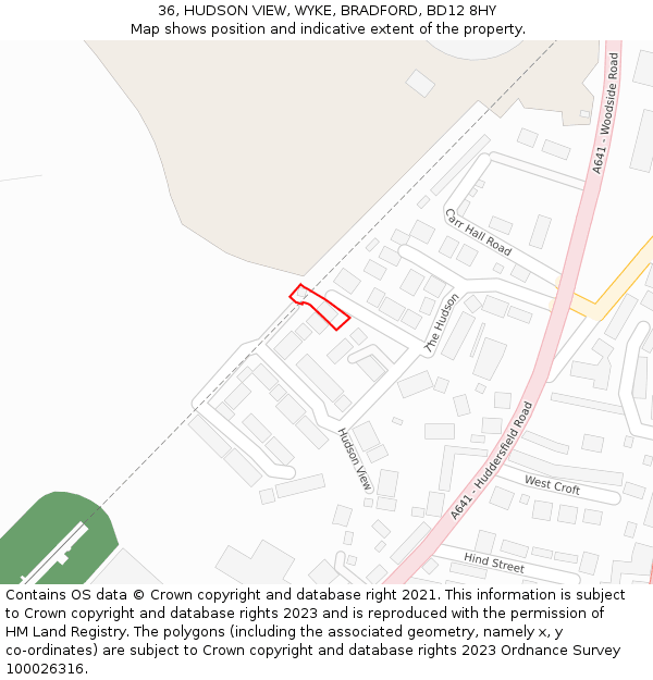 36, HUDSON VIEW, WYKE, BRADFORD, BD12 8HY: Location map and indicative extent of plot
