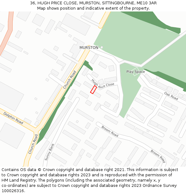 36, HUGH PRICE CLOSE, MURSTON, SITTINGBOURNE, ME10 3AR: Location map and indicative extent of plot