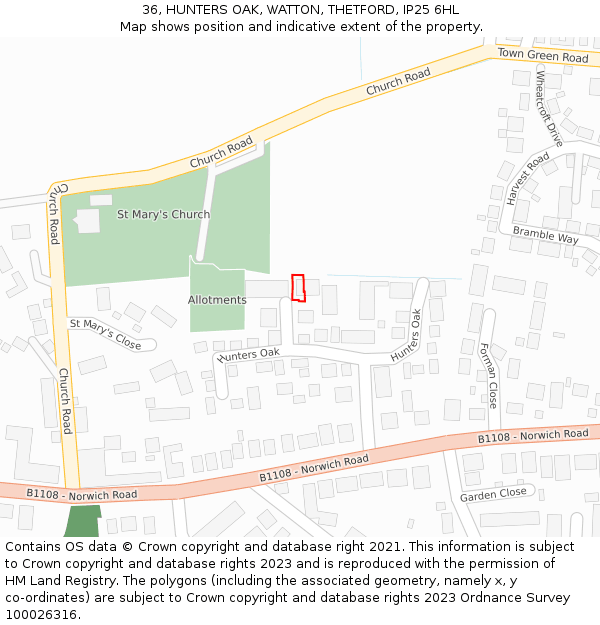 36, HUNTERS OAK, WATTON, THETFORD, IP25 6HL: Location map and indicative extent of plot