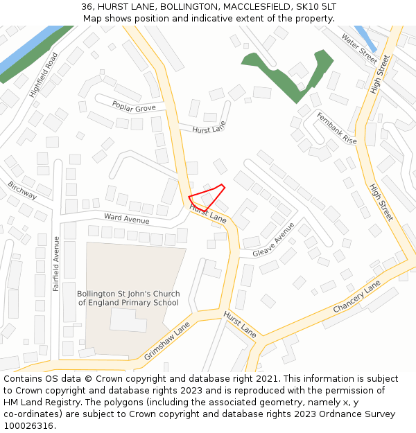 36, HURST LANE, BOLLINGTON, MACCLESFIELD, SK10 5LT: Location map and indicative extent of plot