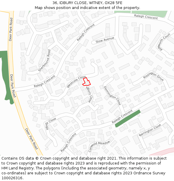 36, IDBURY CLOSE, WITNEY, OX28 5FE: Location map and indicative extent of plot