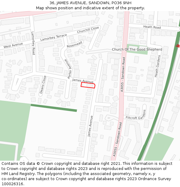 36, JAMES AVENUE, SANDOWN, PO36 9NH: Location map and indicative extent of plot