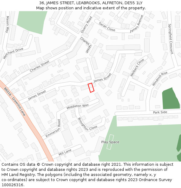 36, JAMES STREET, LEABROOKS, ALFRETON, DE55 1LY: Location map and indicative extent of plot