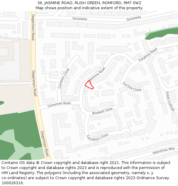 36, JASMINE ROAD, RUSH GREEN, ROMFORD, RM7 0WZ: Location map and indicative extent of plot