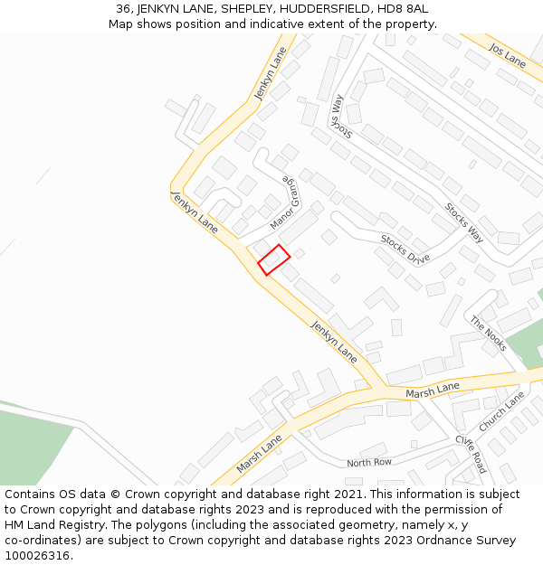 36, JENKYN LANE, SHEPLEY, HUDDERSFIELD, HD8 8AL: Location map and indicative extent of plot