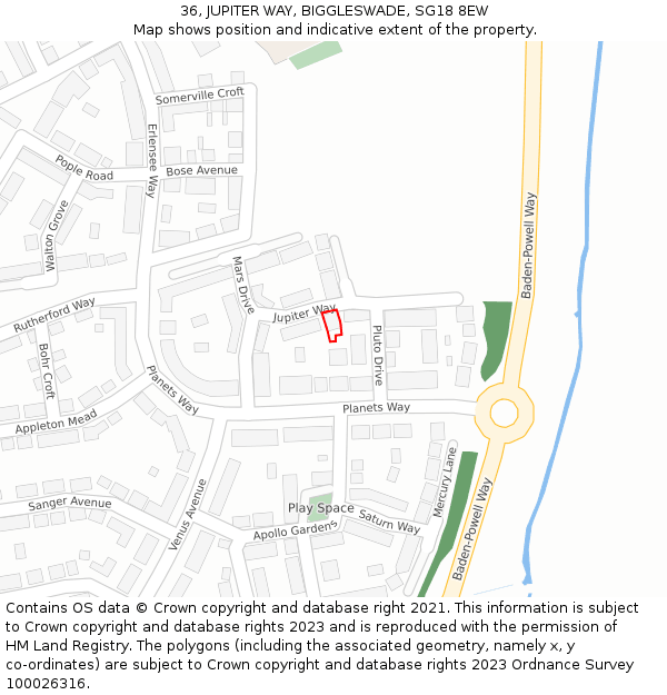 36, JUPITER WAY, BIGGLESWADE, SG18 8EW: Location map and indicative extent of plot