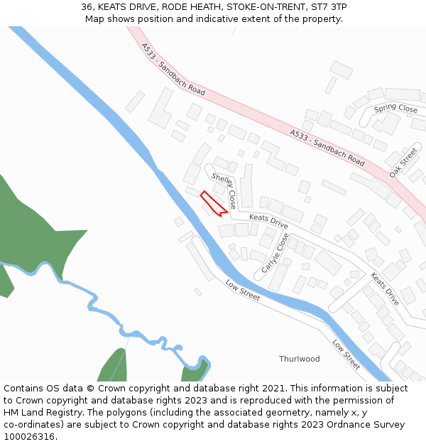 36, KEATS DRIVE, RODE HEATH, STOKE-ON-TRENT, ST7 3TP: Location map and indicative extent of plot