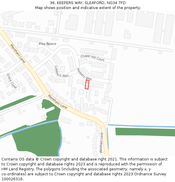 36, KEEPERS WAY, SLEAFORD, NG34 7FD: Location map and indicative extent of plot
