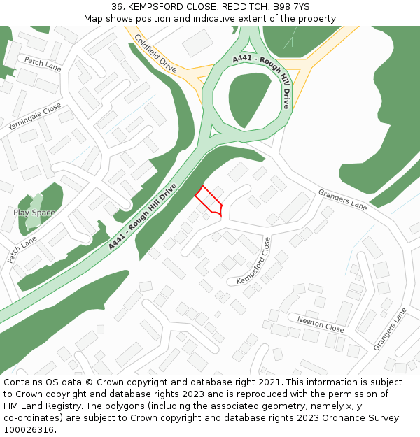 36, KEMPSFORD CLOSE, REDDITCH, B98 7YS: Location map and indicative extent of plot