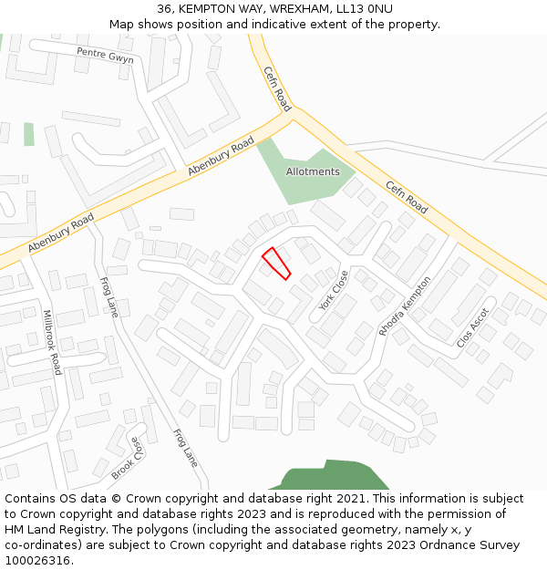 36, KEMPTON WAY, WREXHAM, LL13 0NU: Location map and indicative extent of plot
