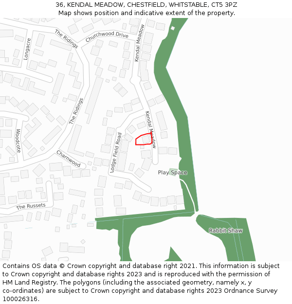 36, KENDAL MEADOW, CHESTFIELD, WHITSTABLE, CT5 3PZ: Location map and indicative extent of plot