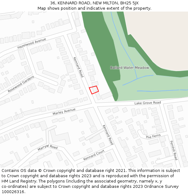 36, KENNARD ROAD, NEW MILTON, BH25 5JX: Location map and indicative extent of plot