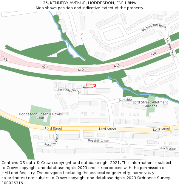 36, KENNEDY AVENUE, HODDESDON, EN11 8NW: Location map and indicative extent of plot