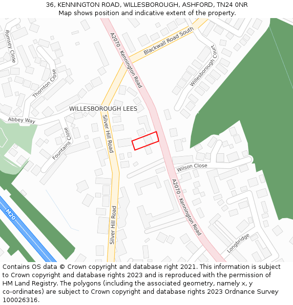 36, KENNINGTON ROAD, WILLESBOROUGH, ASHFORD, TN24 0NR: Location map and indicative extent of plot