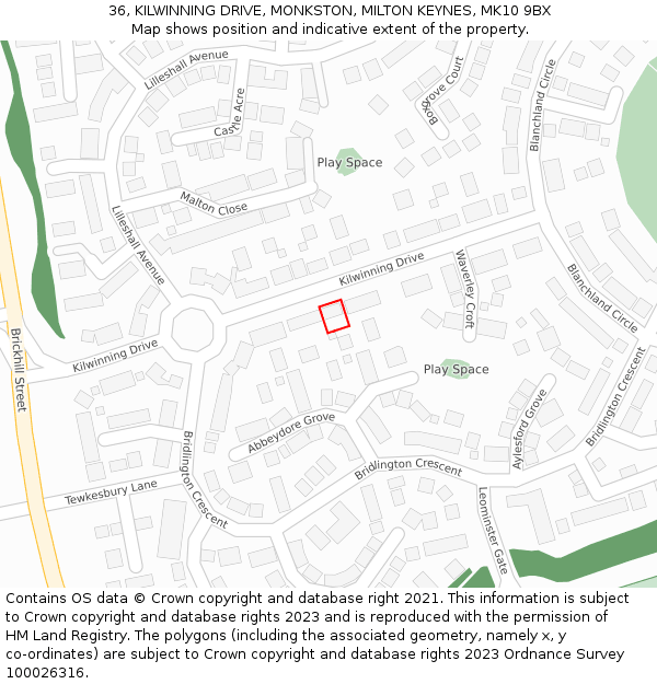 36, KILWINNING DRIVE, MONKSTON, MILTON KEYNES, MK10 9BX: Location map and indicative extent of plot