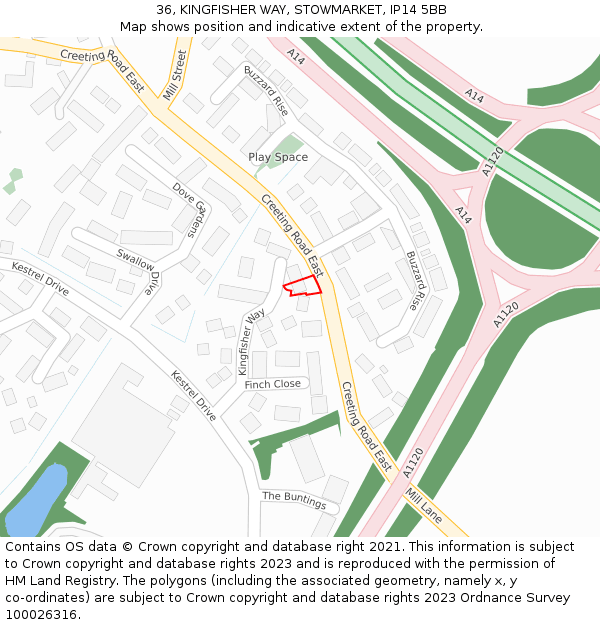 36, KINGFISHER WAY, STOWMARKET, IP14 5BB: Location map and indicative extent of plot