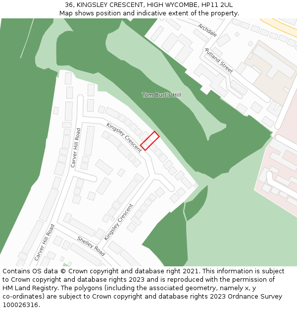 36, KINGSLEY CRESCENT, HIGH WYCOMBE, HP11 2UL: Location map and indicative extent of plot