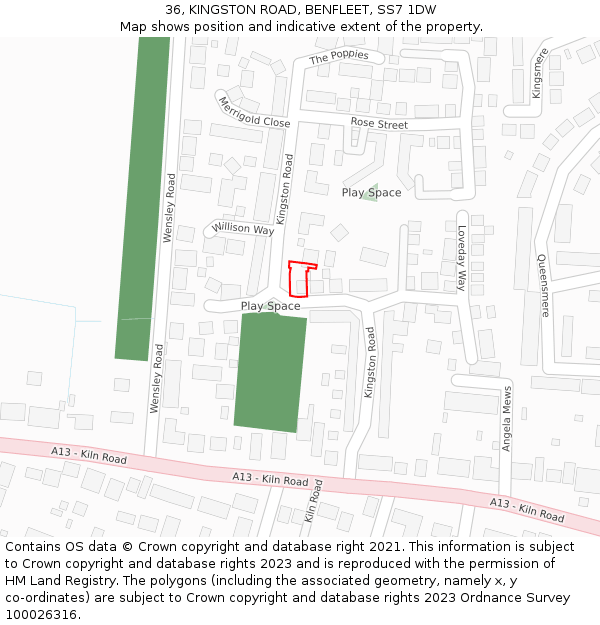 36, KINGSTON ROAD, BENFLEET, SS7 1DW: Location map and indicative extent of plot