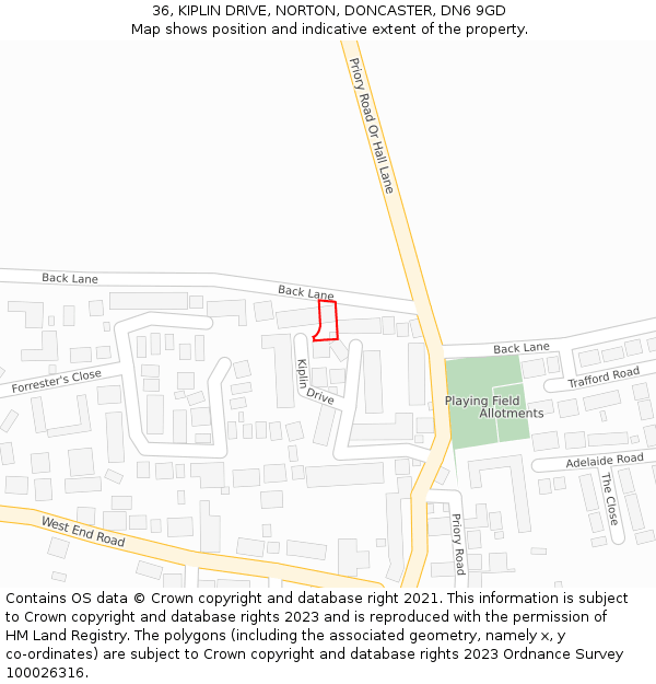 36, KIPLIN DRIVE, NORTON, DONCASTER, DN6 9GD: Location map and indicative extent of plot