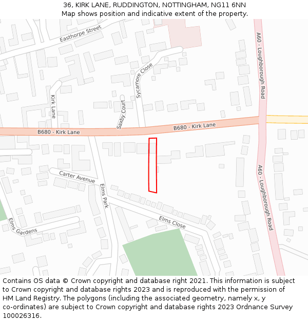 36, KIRK LANE, RUDDINGTON, NOTTINGHAM, NG11 6NN: Location map and indicative extent of plot