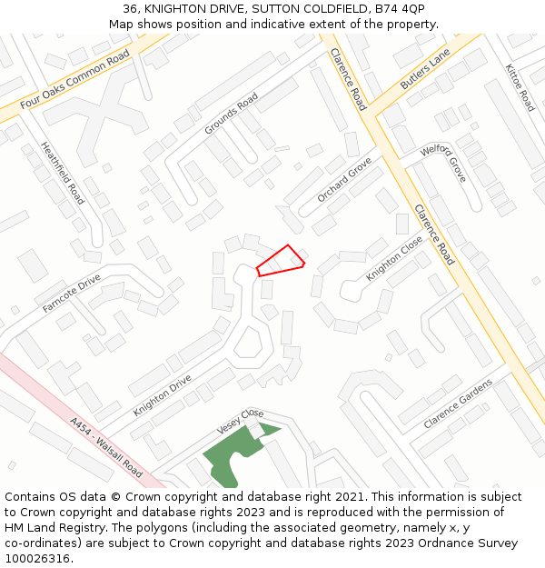 36, KNIGHTON DRIVE, SUTTON COLDFIELD, B74 4QP: Location map and indicative extent of plot