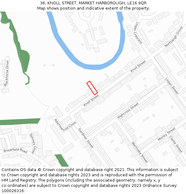36, KNOLL STREET, MARKET HARBOROUGH, LE16 9QR: Location map and indicative extent of plot