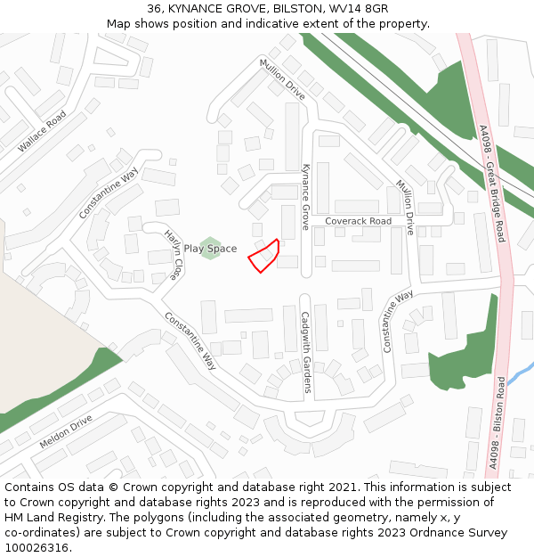 36, KYNANCE GROVE, BILSTON, WV14 8GR: Location map and indicative extent of plot