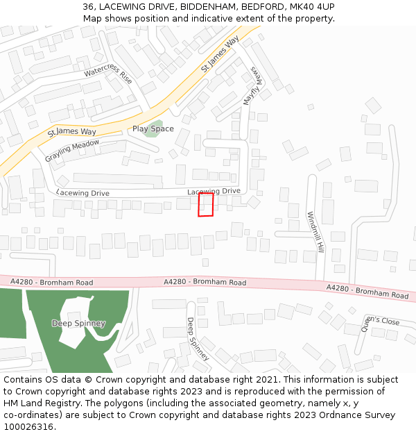 36, LACEWING DRIVE, BIDDENHAM, BEDFORD, MK40 4UP: Location map and indicative extent of plot