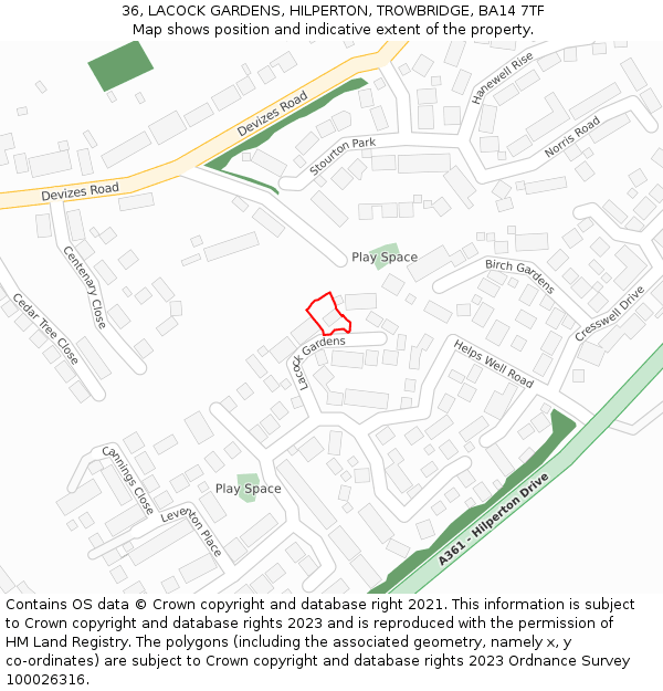36, LACOCK GARDENS, HILPERTON, TROWBRIDGE, BA14 7TF: Location map and indicative extent of plot