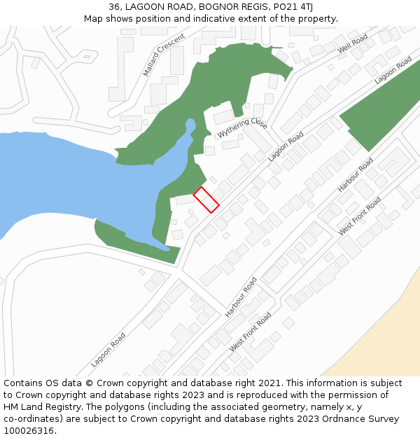 36, LAGOON ROAD, BOGNOR REGIS, PO21 4TJ: Location map and indicative extent of plot