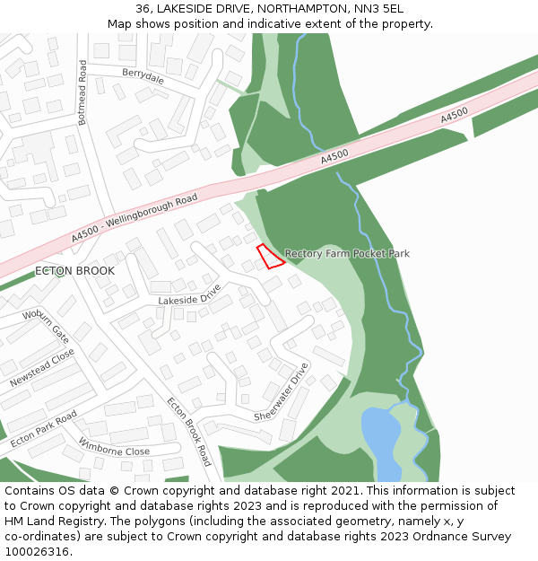 36, LAKESIDE DRIVE, NORTHAMPTON, NN3 5EL: Location map and indicative extent of plot