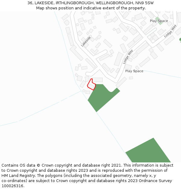 36, LAKESIDE, IRTHLINGBOROUGH, WELLINGBOROUGH, NN9 5SW: Location map and indicative extent of plot