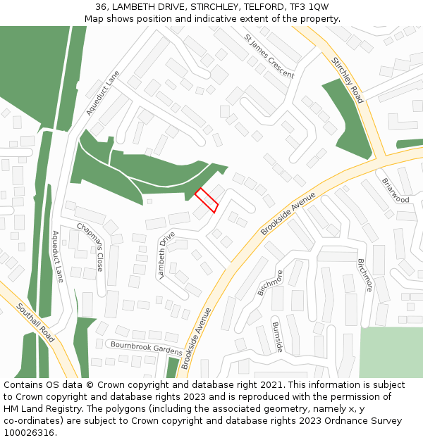 36, LAMBETH DRIVE, STIRCHLEY, TELFORD, TF3 1QW: Location map and indicative extent of plot