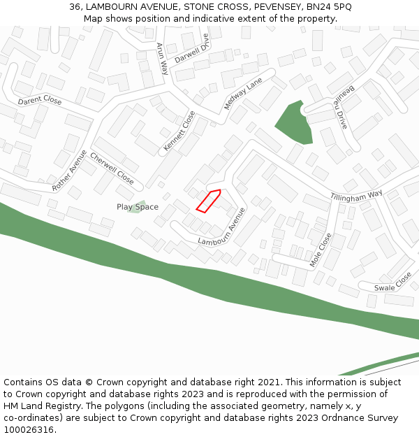 36, LAMBOURN AVENUE, STONE CROSS, PEVENSEY, BN24 5PQ: Location map and indicative extent of plot