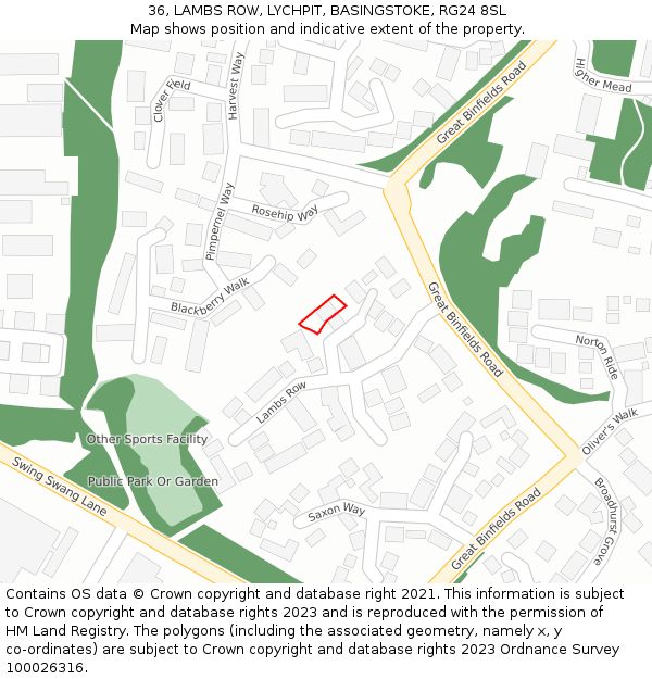 36, LAMBS ROW, LYCHPIT, BASINGSTOKE, RG24 8SL: Location map and indicative extent of plot